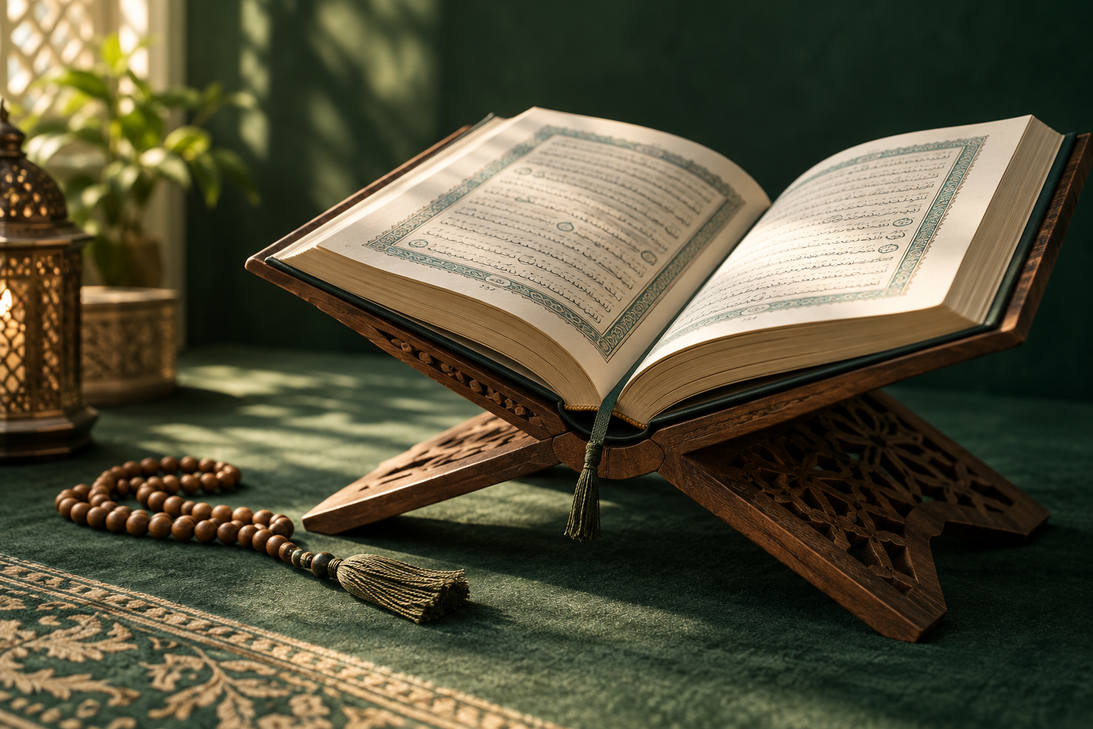 An open Quran resting on a wooden stand